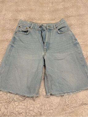 Zara Light Blue High-Rise Bermuda 90's Shorts with Raw Hem